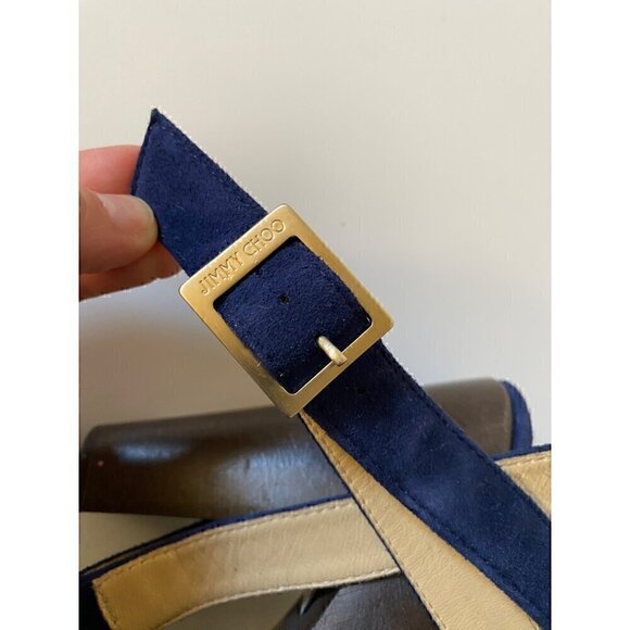 Jimmy Choo Suede Studded Unity Platform Sandals Heels 38 US 8 Blue Gold Strappy - Picture 14 of 16